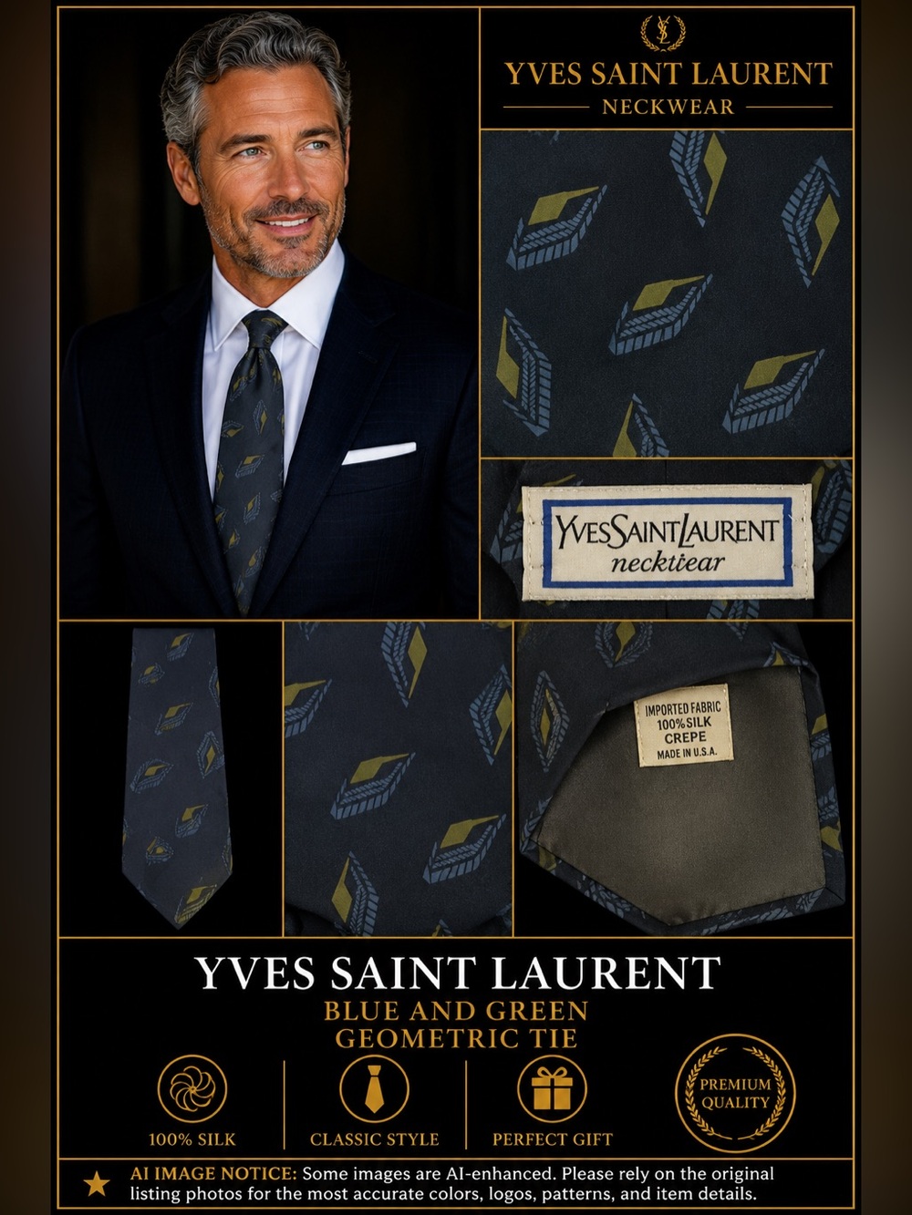 Yves Saint Laurent Blue and Green Geometric Tie
